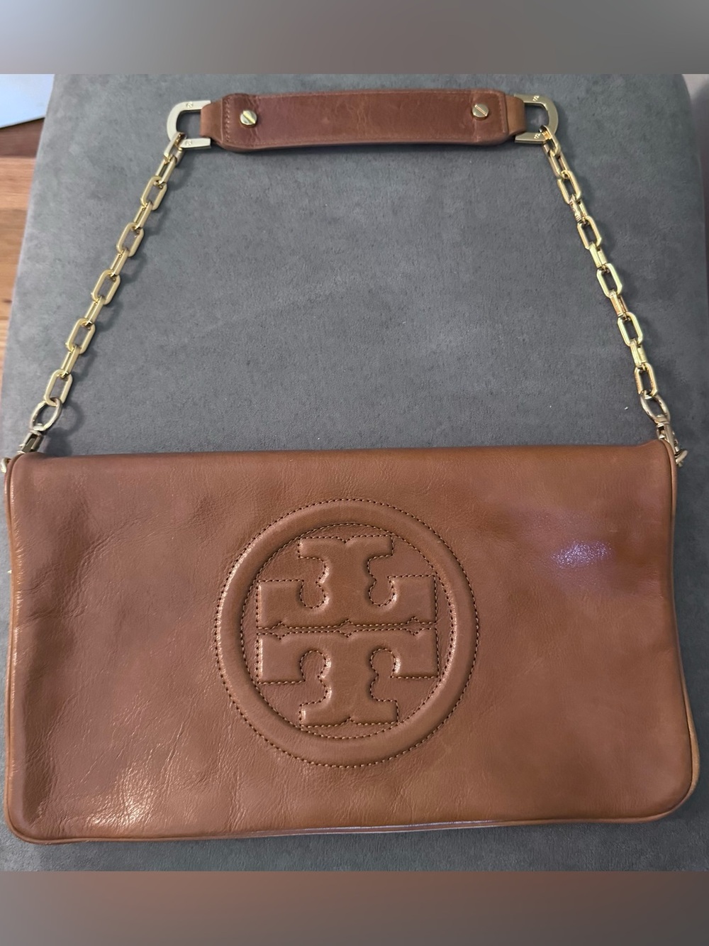 Tory Burch Chestnut Brown Leather Shoulder Bag with Gold Chain and Dust Bag